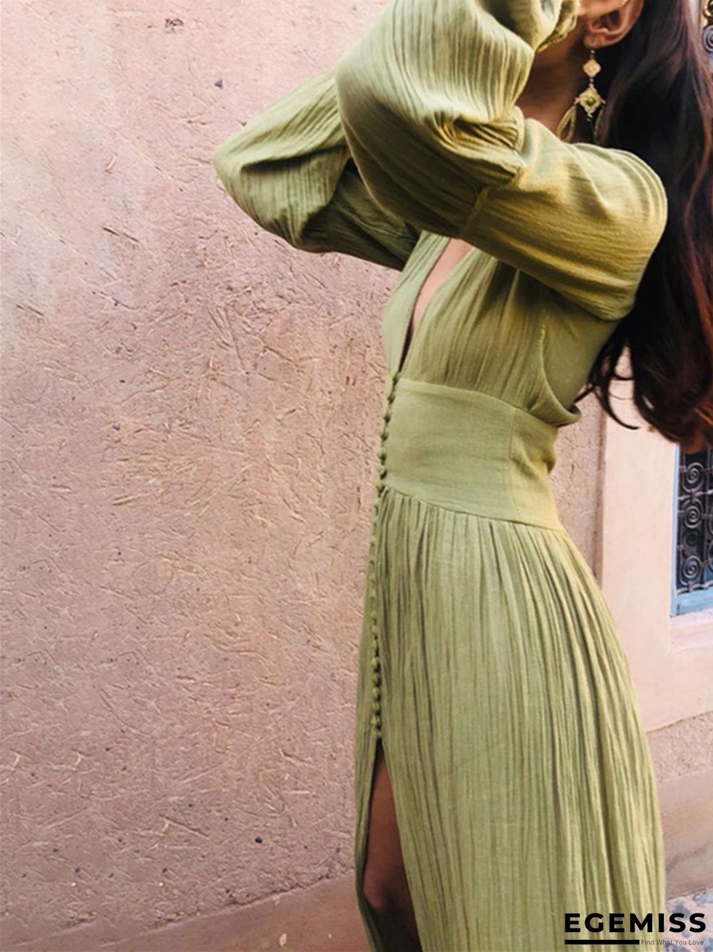 French Retro V-Neck Long Skirt Waist Fold Loose Dress | EGEMISS