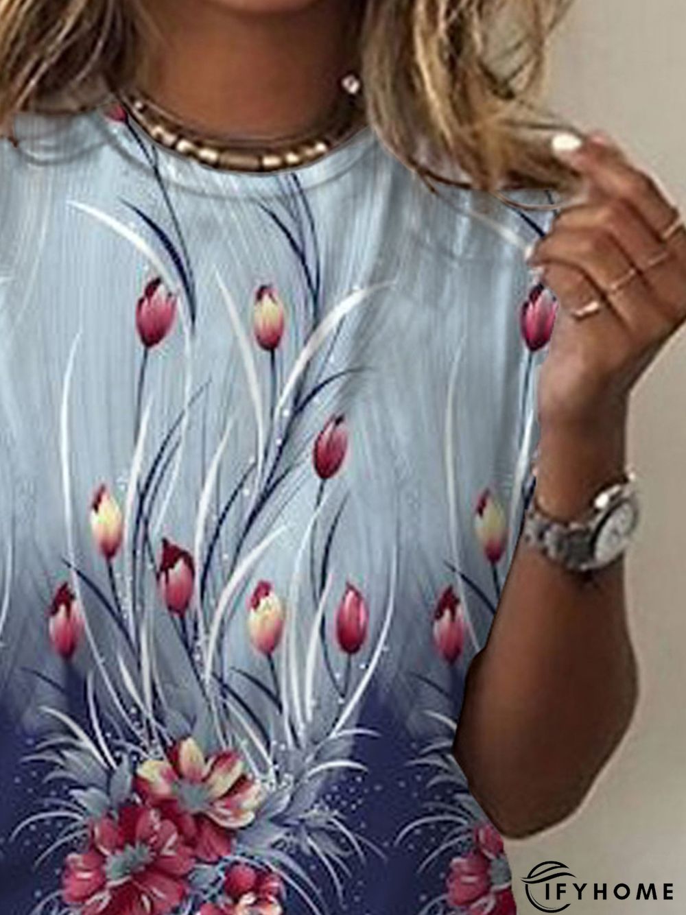 Crew Neck Floral Short Sleeve Holiday T-shirt | IFYHOME