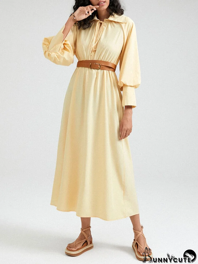 Solid Long Sleeve Tie Lapel Maxi Dress With Belt