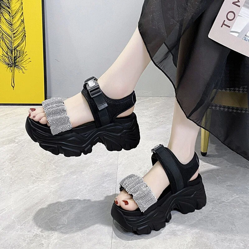 Lucyever Shiny Crystal Platform Sandals Wedges Shoes for Women Chunky Ankle Strap Sport Sandals Woman Breathable Mesh Sandalias
