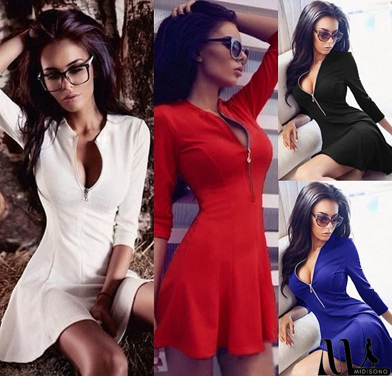 MidiSono - Sexy V-neck zipper dress