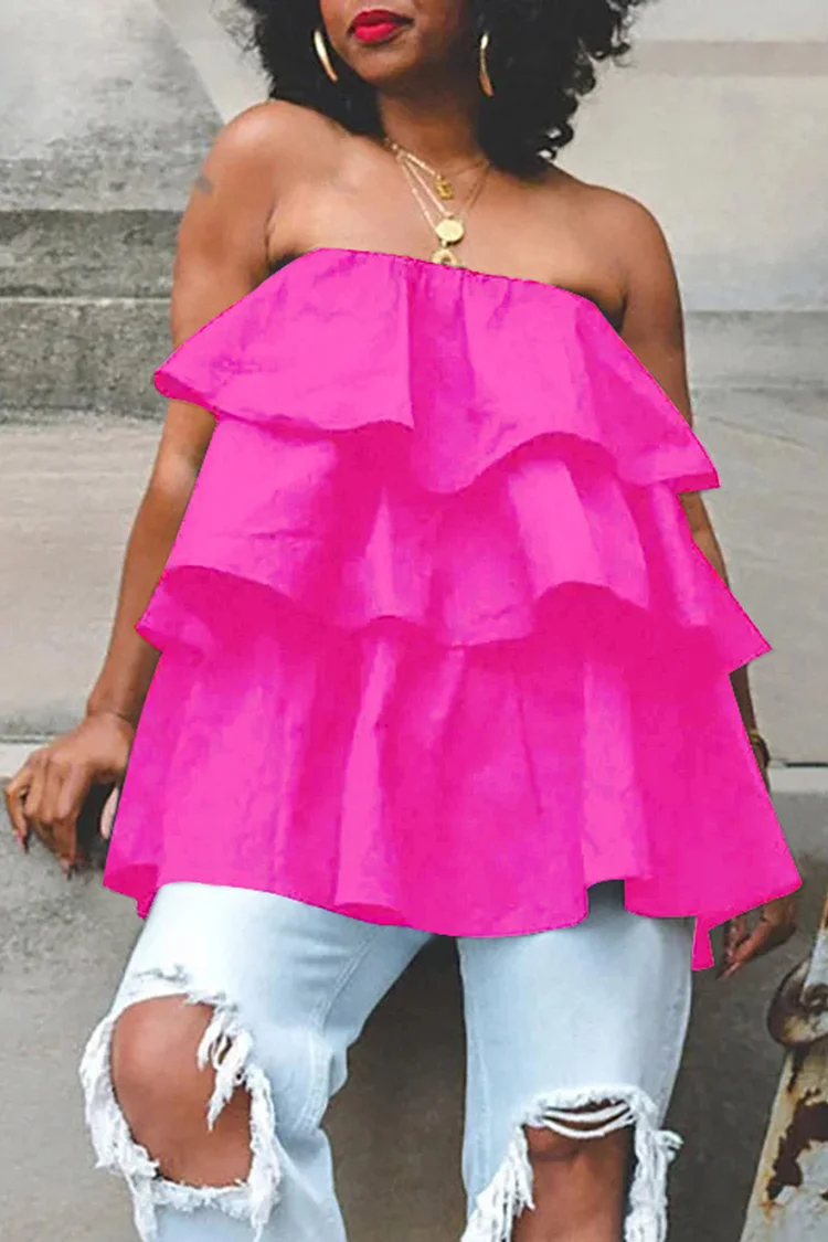 Xpluswear Plus Size Hot Pink Daily Bandeau Sleeveless Overlay Ruffle Blouse 