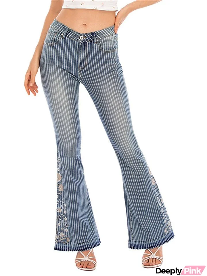 Women's Fashion 3D White Floral Embroidery Bell Bottom Striped Jeans