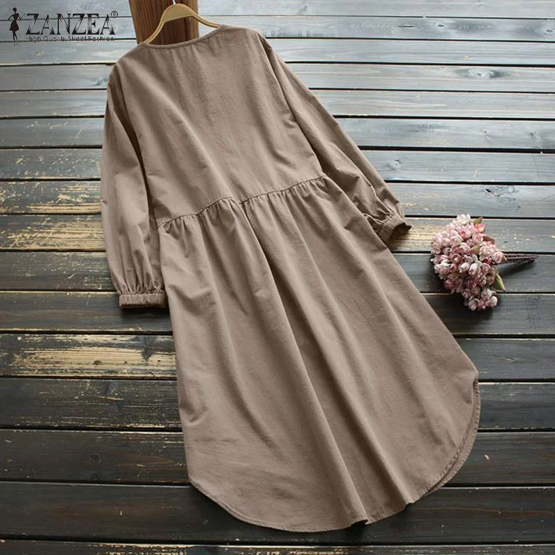 Vintage Long Sleeve Sundress ZANZEA Women Spring Long Shirt Dress Elegant O Neck Solid OL Work Vestidos Casual Baggy Dresses 7