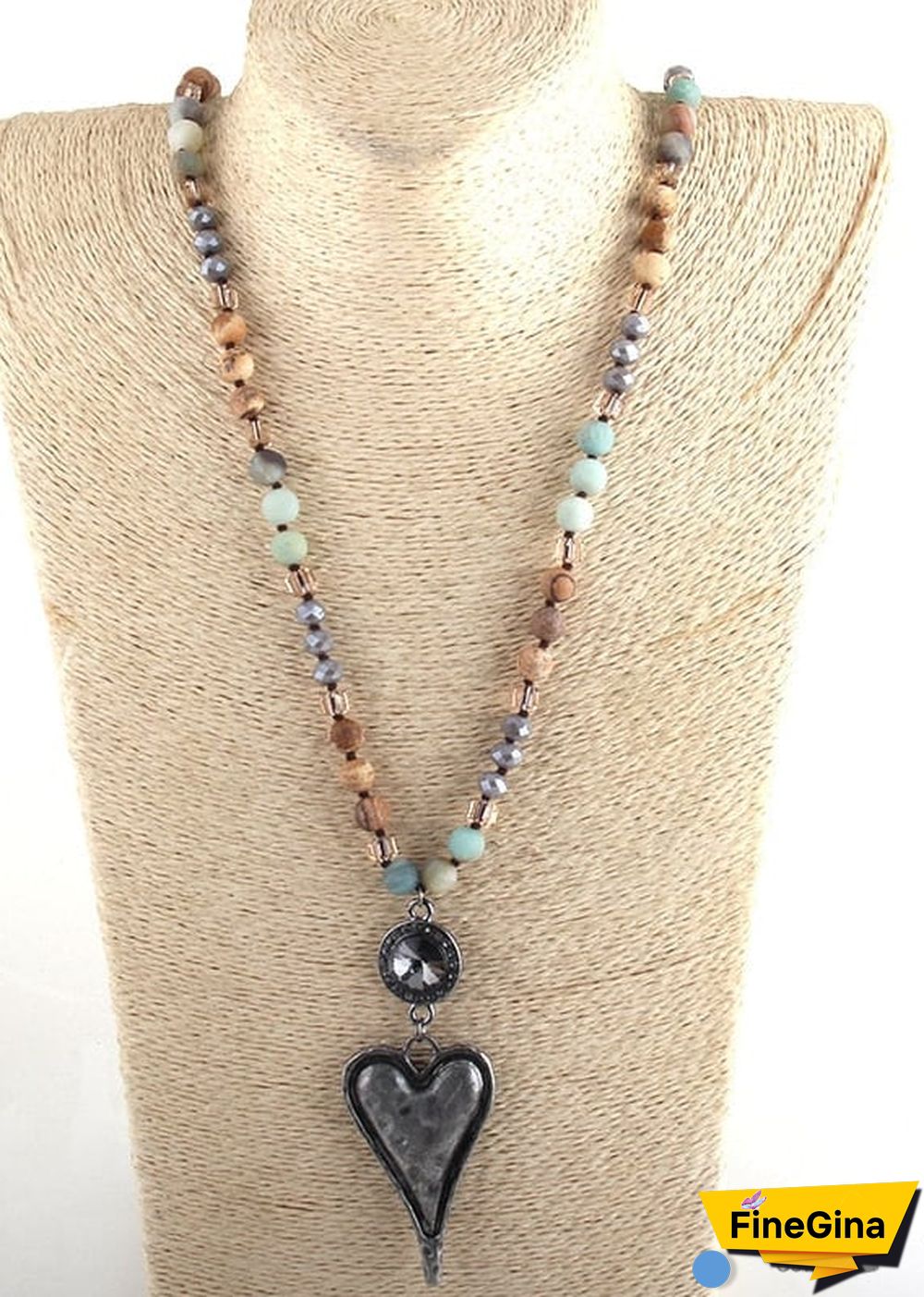 Boho Necklace, RH Amazonite Jasper, Heart Brown Natural Stone