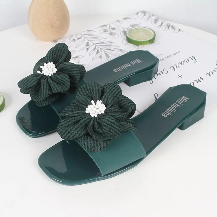 Women Peep Toe Casual Bow Knot Pot Square Heels Summer Slipper Slip on Breathable Beach Summer Sandals Shoes        X1217