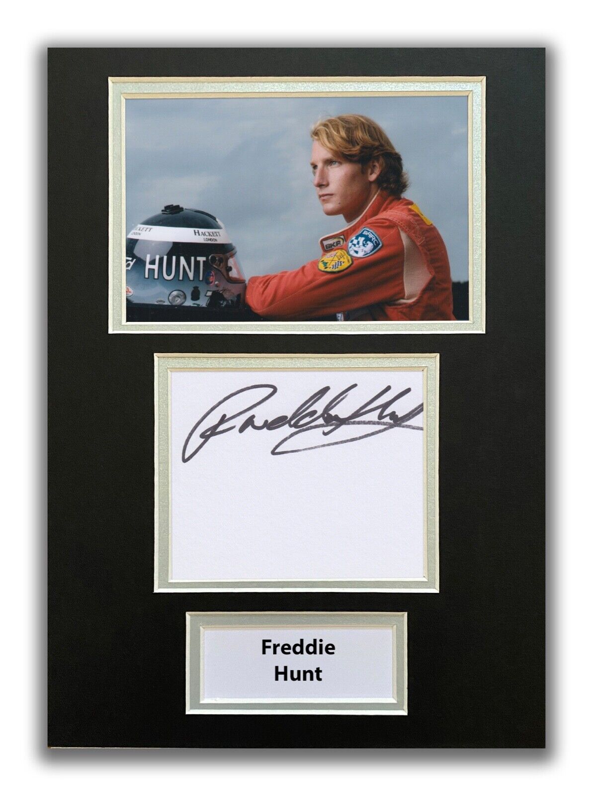 FREDDIE HUNT HAND SIGNED A4 MOUNTED Photo Poster painting DISPLAY - JAMES HUNT - F1 AUTOGRAPH 1.