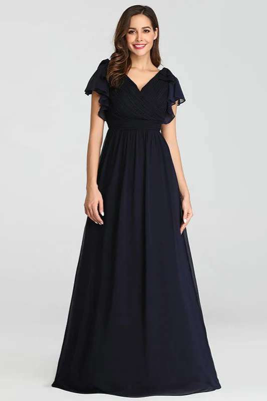 Navy Ruffles Chiffon Long Evening Prom Dress