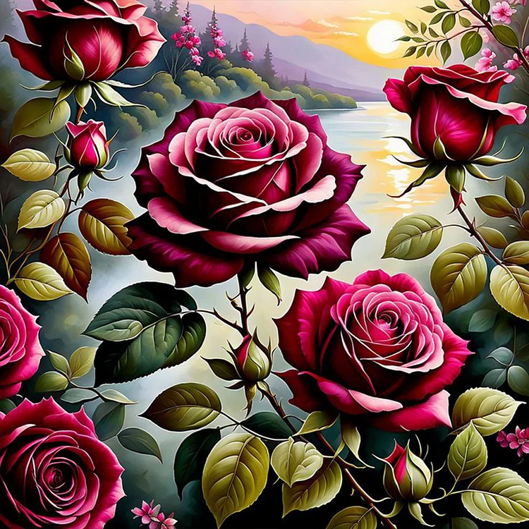 Roses By The Lake 30*30CM (Canvas) Full Round Drill Diamond Painting gbfke