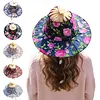 2 in 1 Bamboo Foldable Hand Fan Sun Hat Floral Printed Chinese Style Handheld Foldable Wide Brim Hat for Women Outdoor Beach Travel Accessory