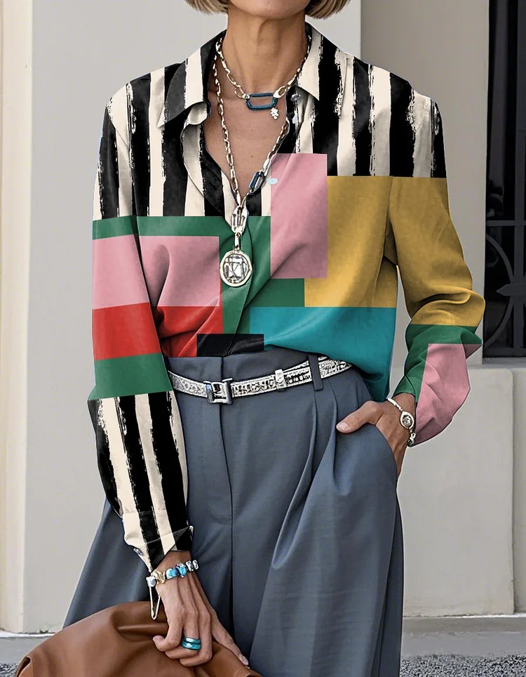 Elegant Abstract Geometric Art Print Lapel Casual Long Sleeve Shirt