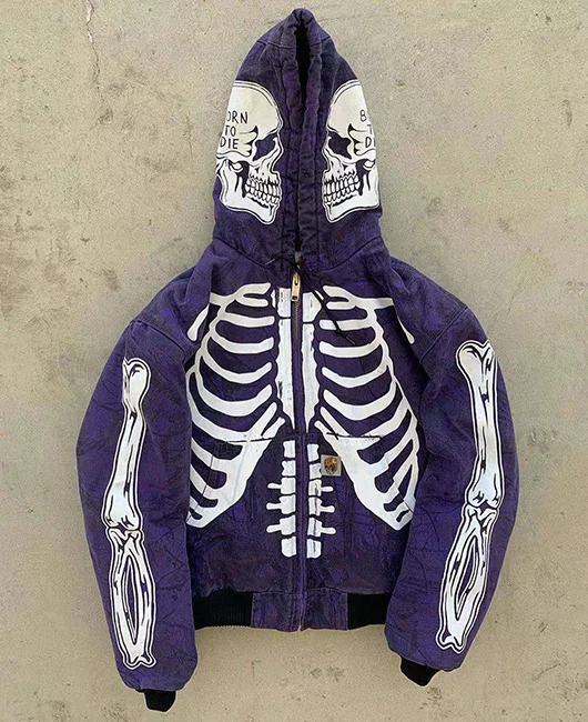 Halloween Skeleton Pattern Hooded Zipper Long Sleeve Jacket Okaywear