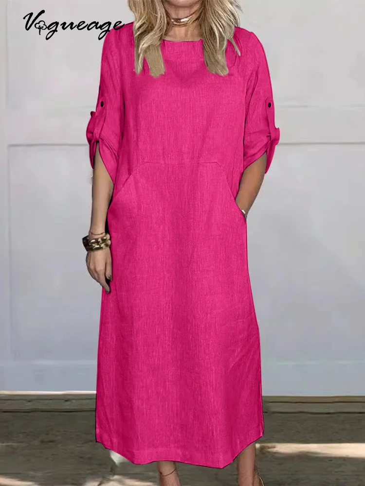 Loose Casual Solid Color Short-Sleeved Women's Cotton And Linen Dress