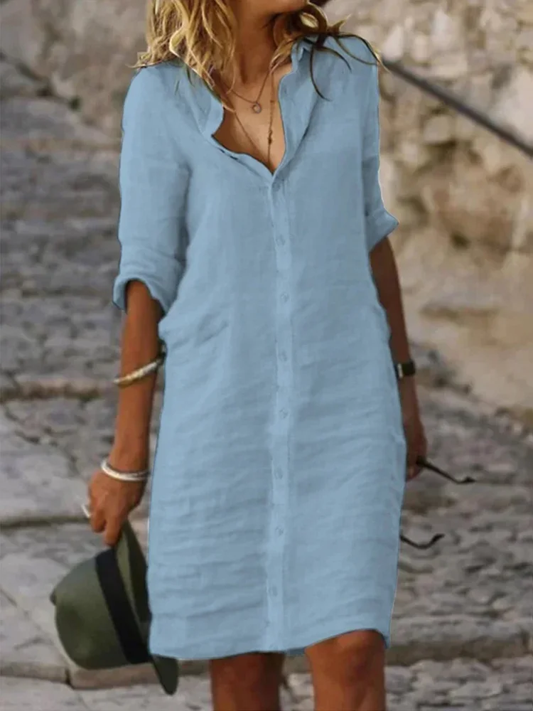 Solid Long Sleeve Shirt Midi Dress