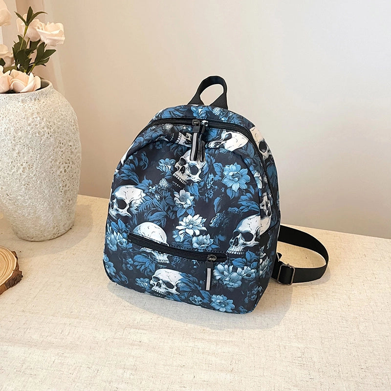 Halloween Women’s Nylon Flower Skull Streetwear Square Zipper Fashion Backpack