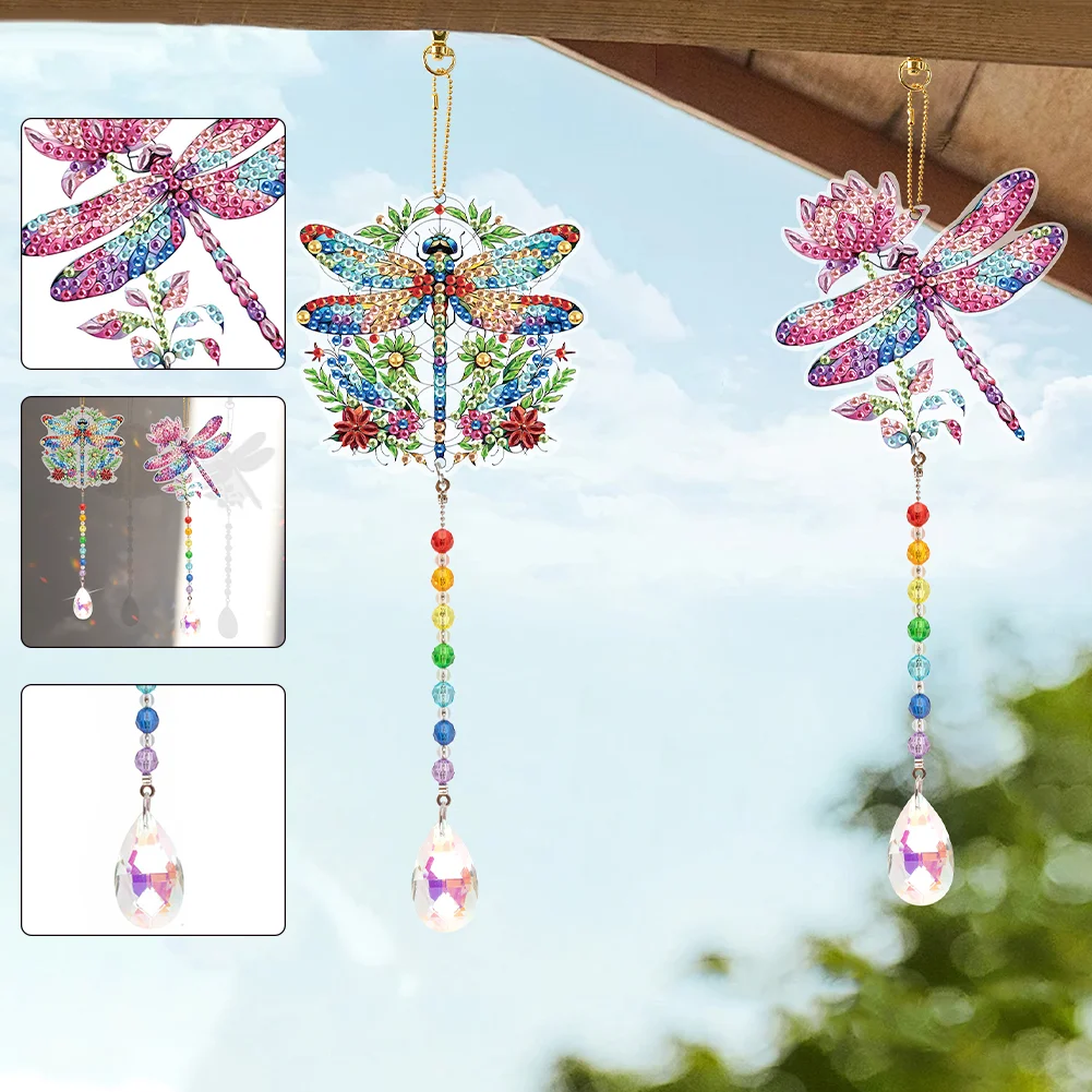 2Pcs Diamond Painting Sun Catcher Crystal Painting Ornaments (Flower Dragonfly)