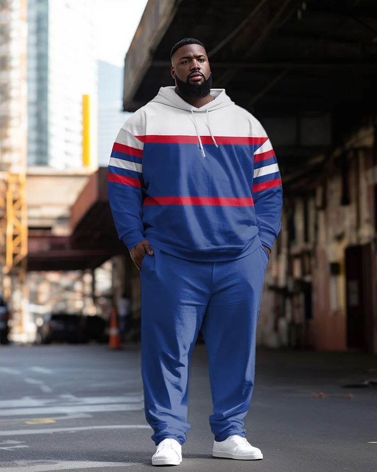 Men's Plus Size Casual Color Block Striped Long Sleeve Hoodie Sports Two Piece Suit