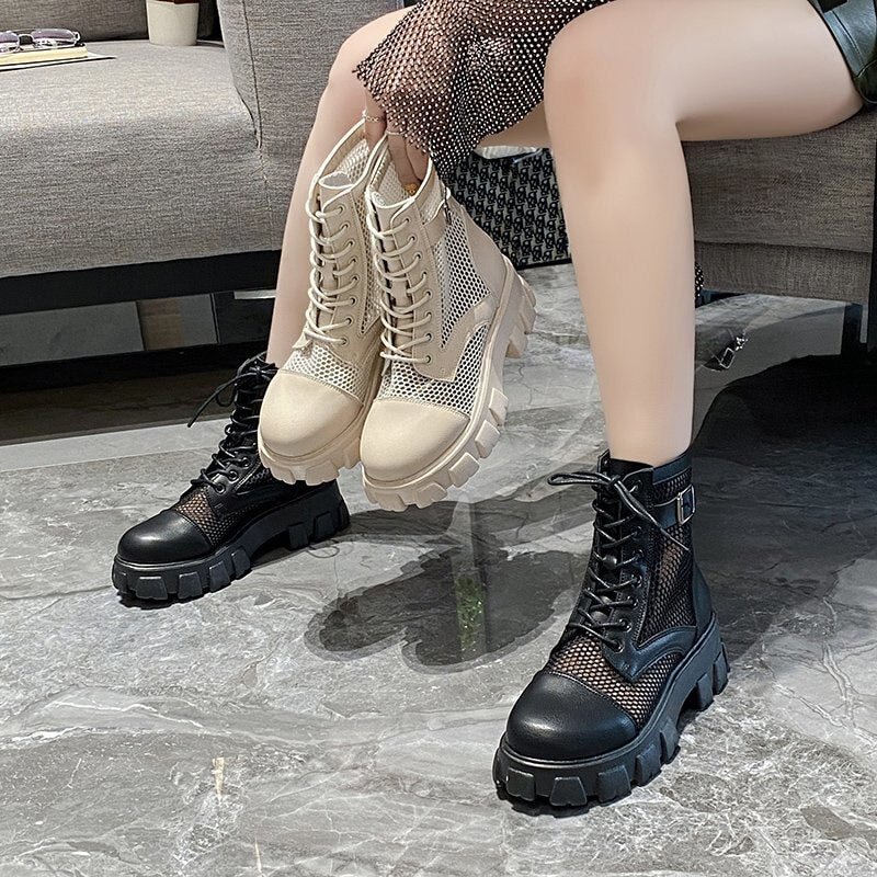 Fashion Women Summer Mesh Lace-up Short Ankle Boots Women's Breathable Hollow Martin Boots Platform Shoes Zapatos De Mujer
