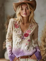 Love & Health Collection Retro Western Women Style Vintage Patchwork Rose And Floral Art Casual V Neck Linen Shirt - Image 5