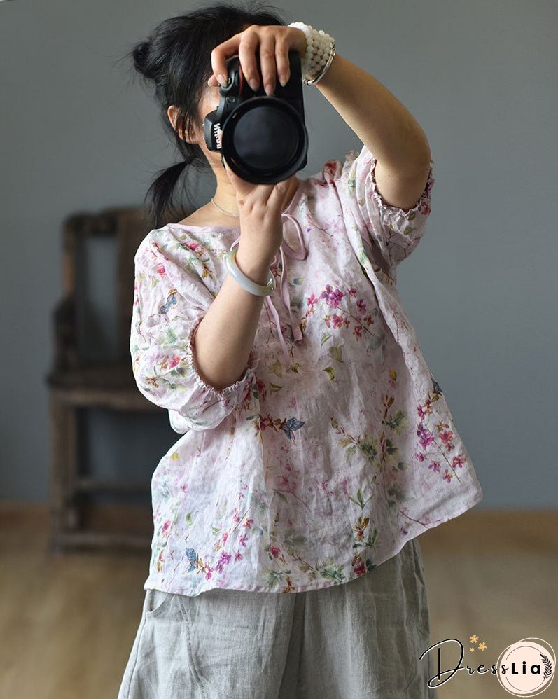 Linen Floral Print Spring Summer Shirt Short Sleeve