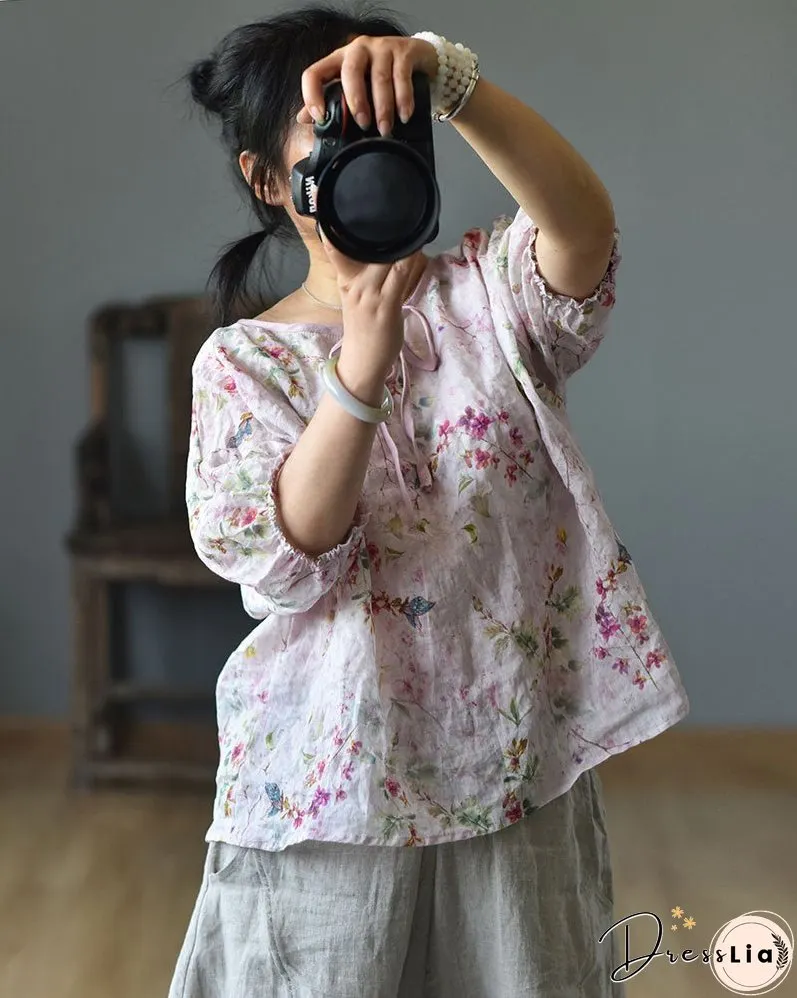 Linen Floral Print Spring Summer Shirt Short Sleeve