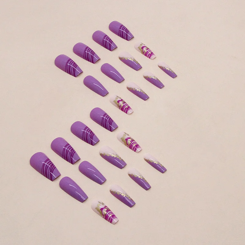 Churchf Churchf Long Flat Head Grape Purple Line Gold Foil Nail Romantic Taro Purple Wearing Armour Piece Removable