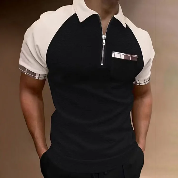 Fashion Patchwork Zipper Lapel Collar Short Sleeve Polo T-Shirt