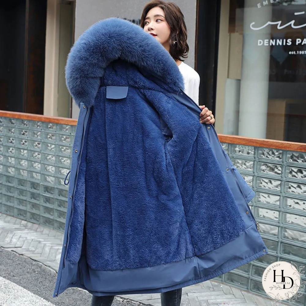 New cotton liner parker parka fashion adjustable waist fur collar winter jacket women