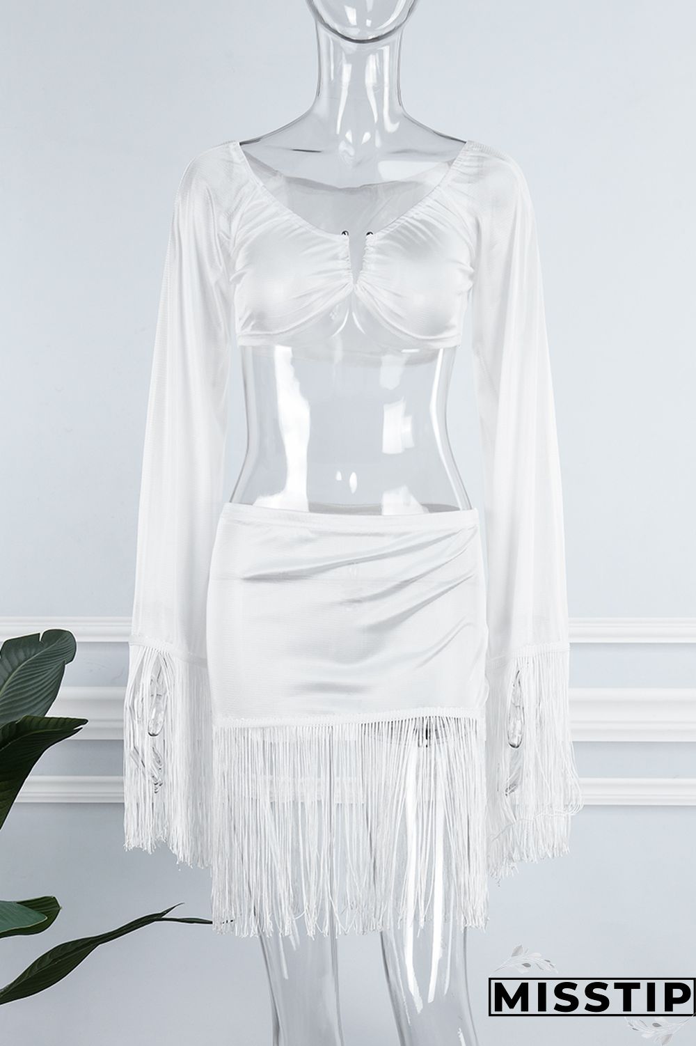 Black Sexy Solid Tassel Patchwork V Neck Long Sleeve Two Pieces