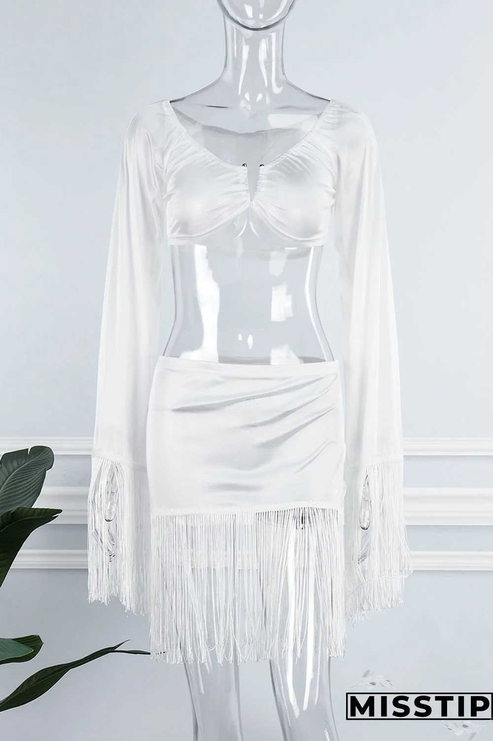 Black Sexy Solid Tassel Patchwork V Neck Long Sleeve Two Pieces