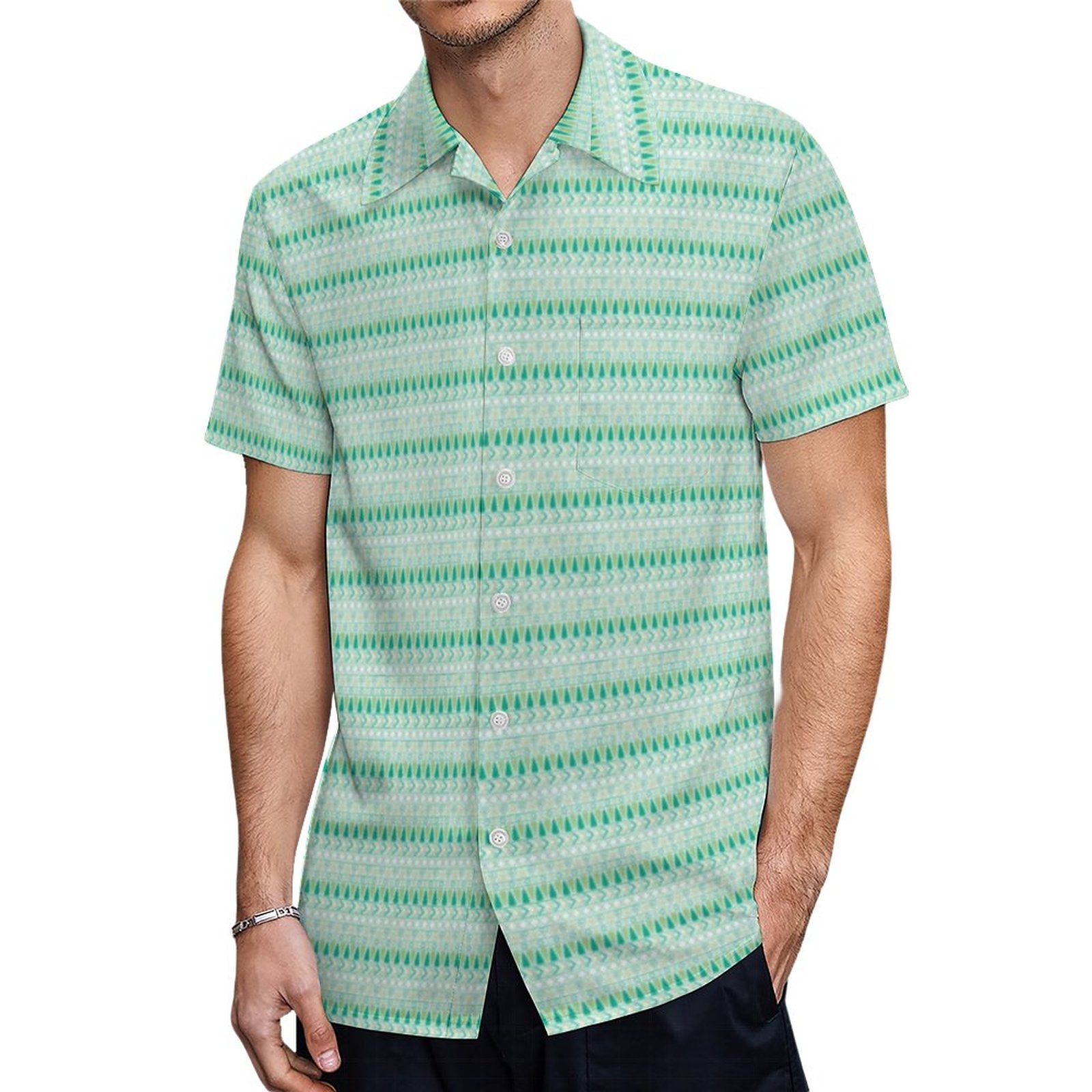 Light Green Dark Green With Ethnic Pattern Hawaiian Shirt Mens Button Down Tropical Hawaii Beach Shirts