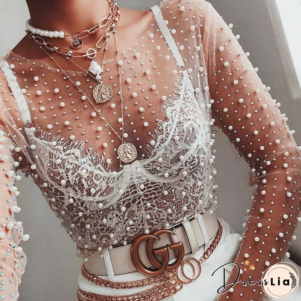 Luxury Pearls And Rhinestone Studded Embellished Mesh Shirts