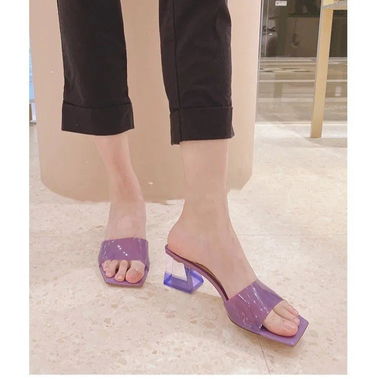Churchf Churchf Square Head High Heel Sandals 2023 New Female Summer Transparent With Thick With Transparent And Fashion Lady Everyday Slippers