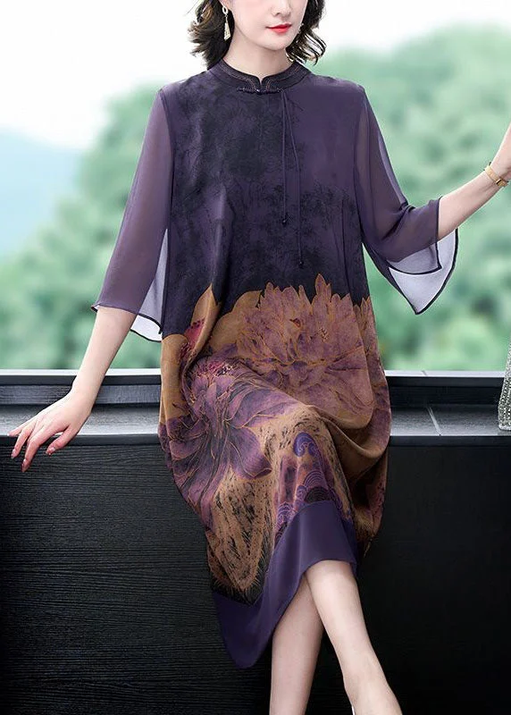 Italian Purple Stand Collar Tasseled Print Patchwork Silk Dress Summer
