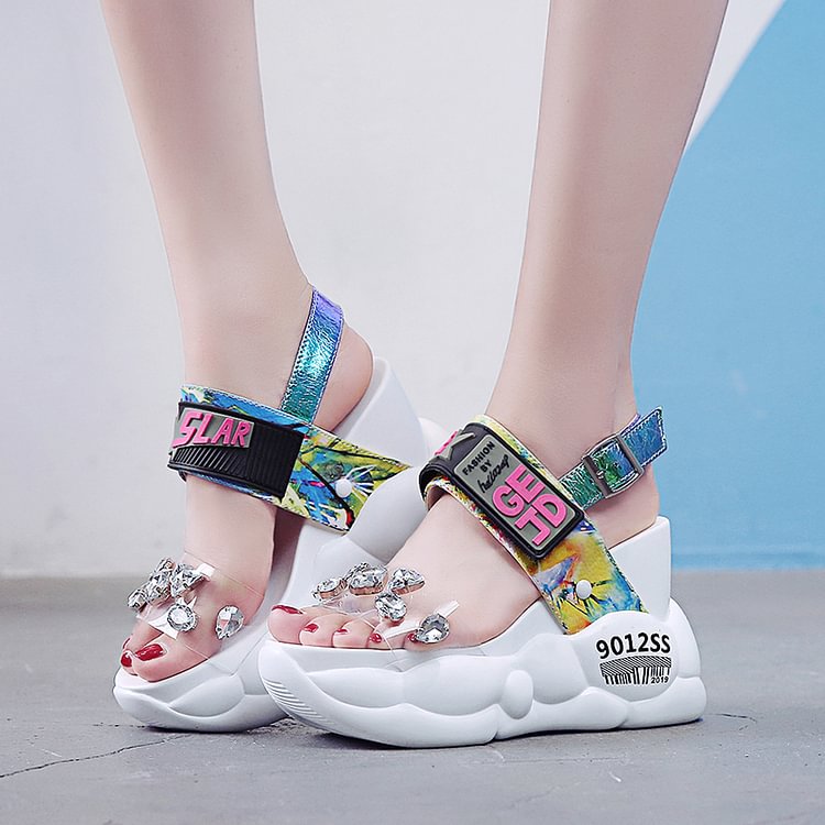 Moipheng Platform Sandals Women 2022 Chunky Super High Heels White Summer Fashion Transparent Diamond Wedge Rhinestone Sandals
