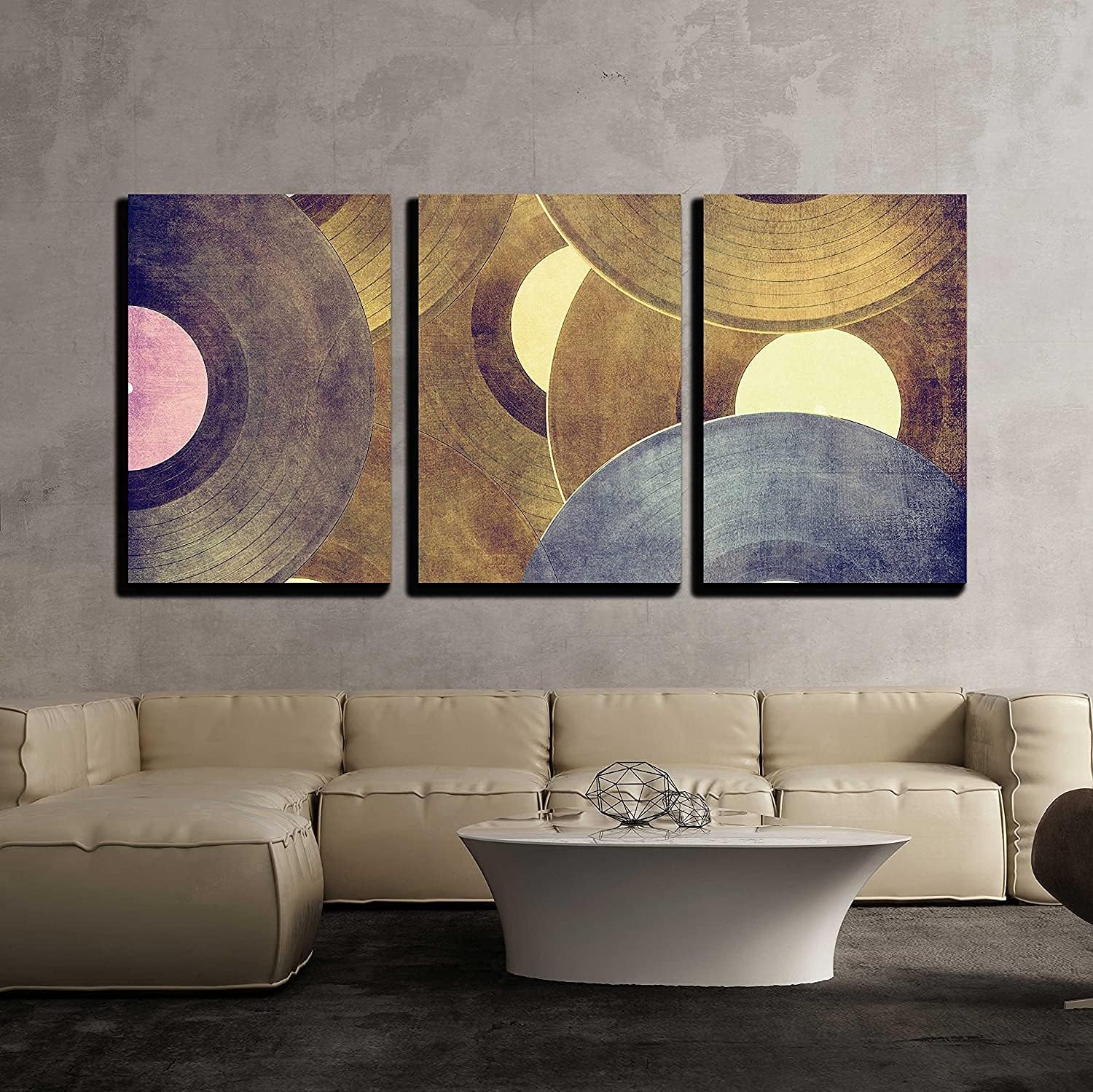 Canvas Wall Art for Living Room Vinyl Records Music Background Stretched and Framed Ready to Hang for Home Decor 36 inch  x 24 inch  x 3 Panels 36&#034; x 24&#034; x 3 Panels