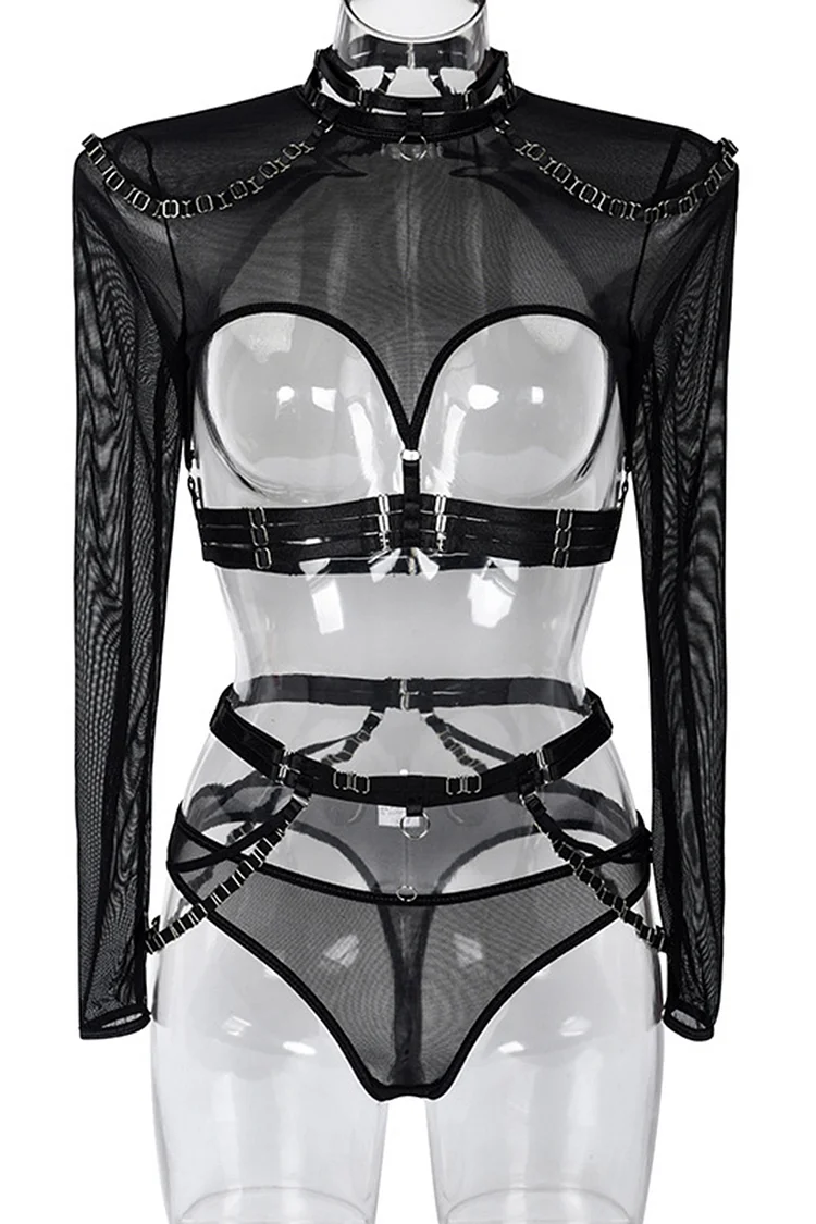 See Through Mesh Long Sleeve Top PU Leather Body Harness Four Piece Set