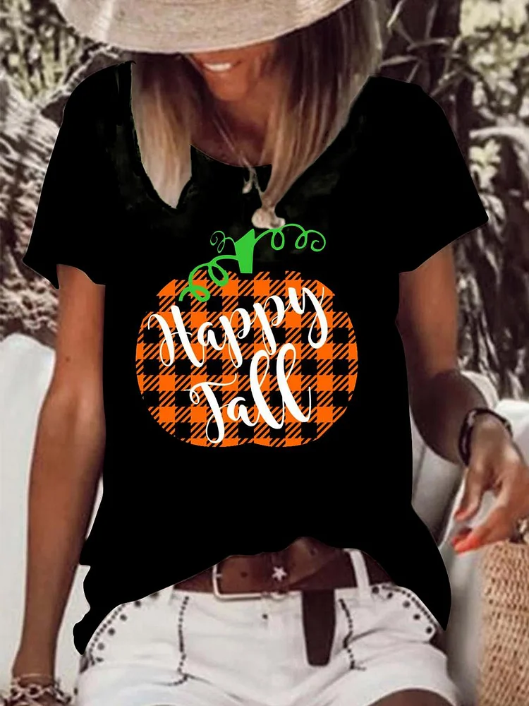 HAPPY Fall Plaid Pumpkin Raw Hem Tee-Annaletters