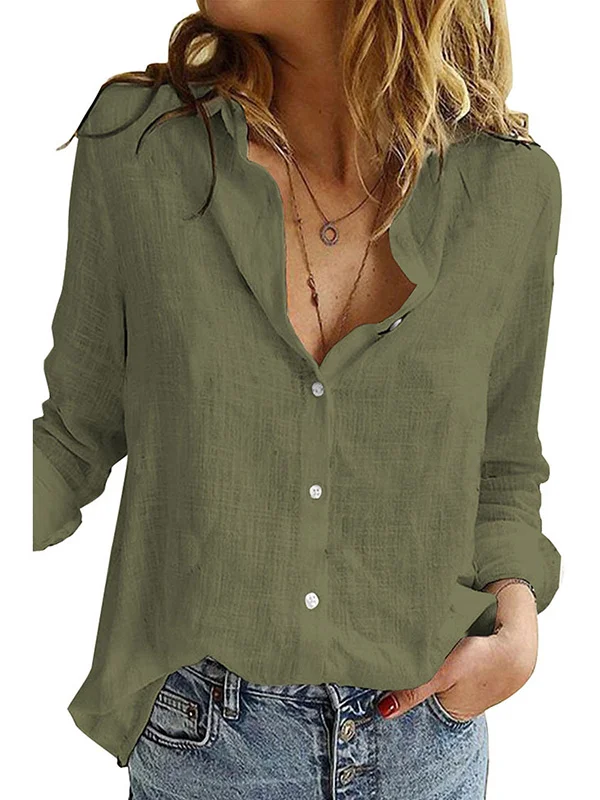 Casual Long Sleeves Loose Solid Color Lapel Collar Blouses