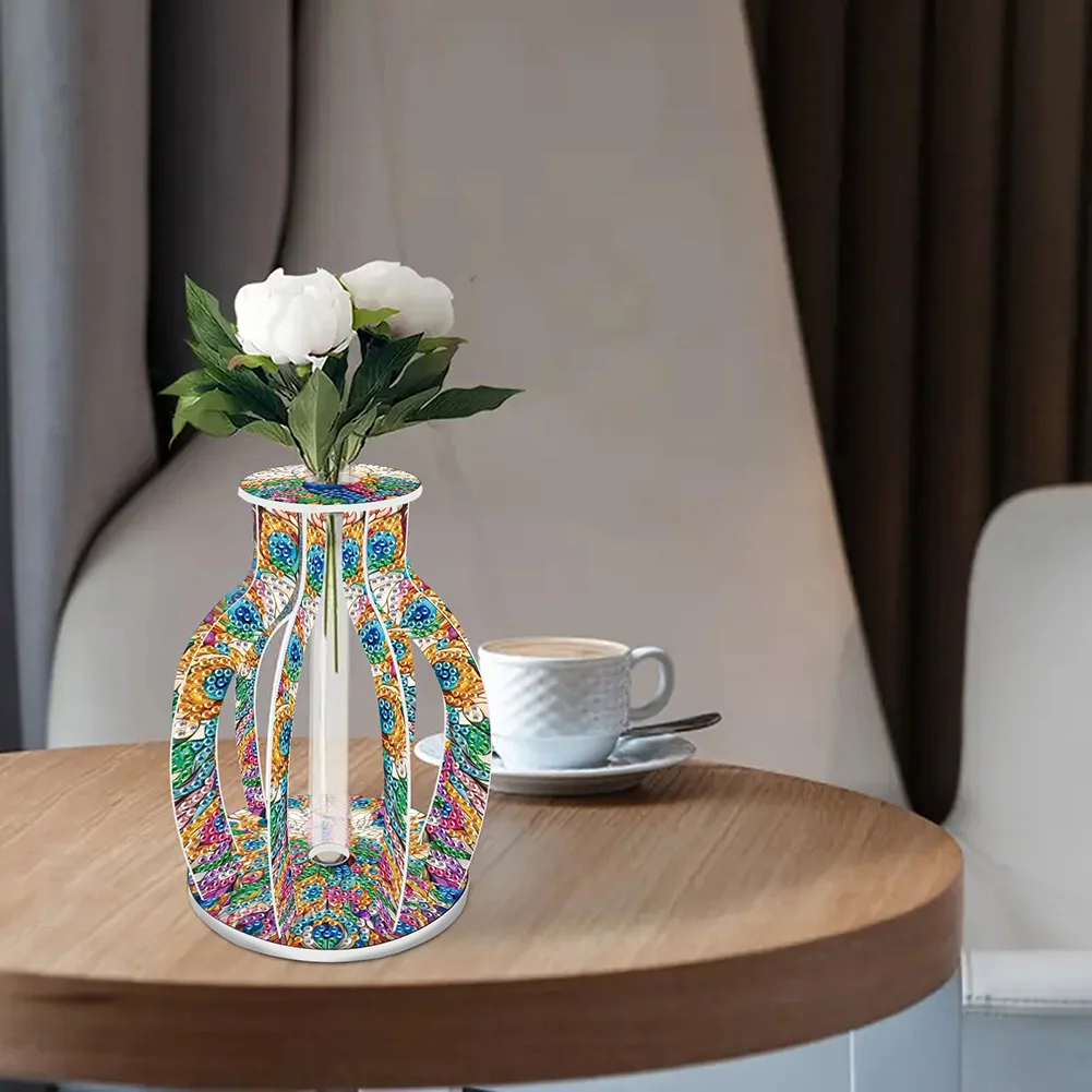 Acrylic Wood Peacock 5D DIY Diamond Painting Flower Vase for Home Office Decor