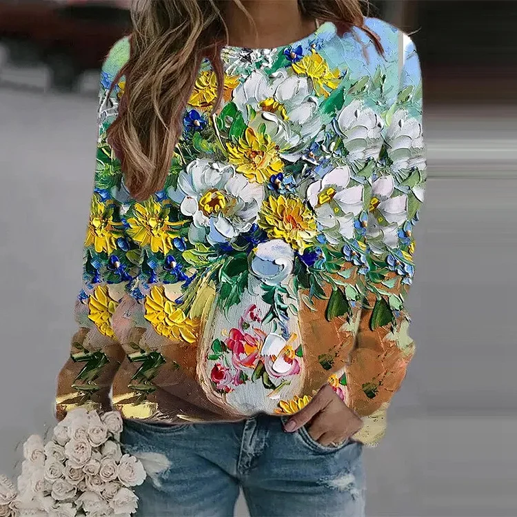VChics Oil Painting Floral Art Print Long Sleeve Sweatshirt