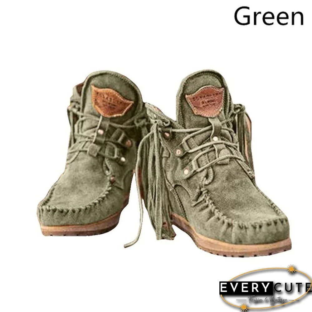 HOT Trend Fashion Faux Leather Tassel Boots for Women Short Platform Boots High Top Martin Boots Vintage Chunky Low Heel Short Boot Ankle Booties Flat Boots Autumn Winter Shoes for Female Plus Size