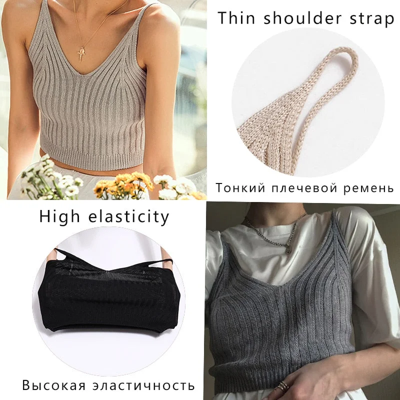 FINETOO Fashion Women Basic Knitted Crop Tops Tank Top Streetwear mujer Vest Short Vest Ribbed Underwear Short Tops Camisole