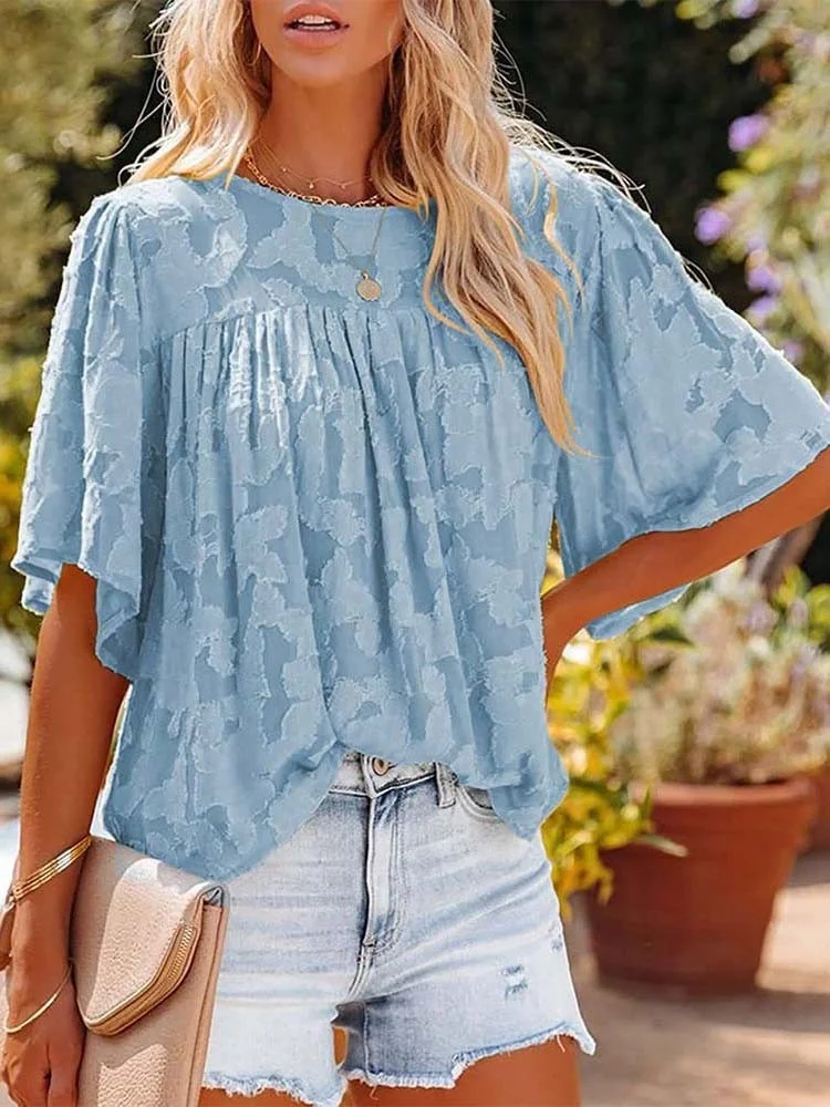 Summer Women Solid Blouse Fashion O Neck Half Sleeve Plus Size Elegant Loosse Shirts Ladies Casual Chiffon Blouses Top 2022