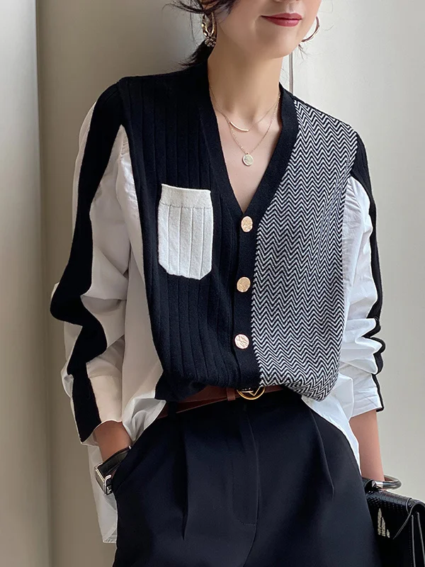 Artistic Freedom: Irregular Loose Fit Buttoned V-Neck Sweater Blouse ...
