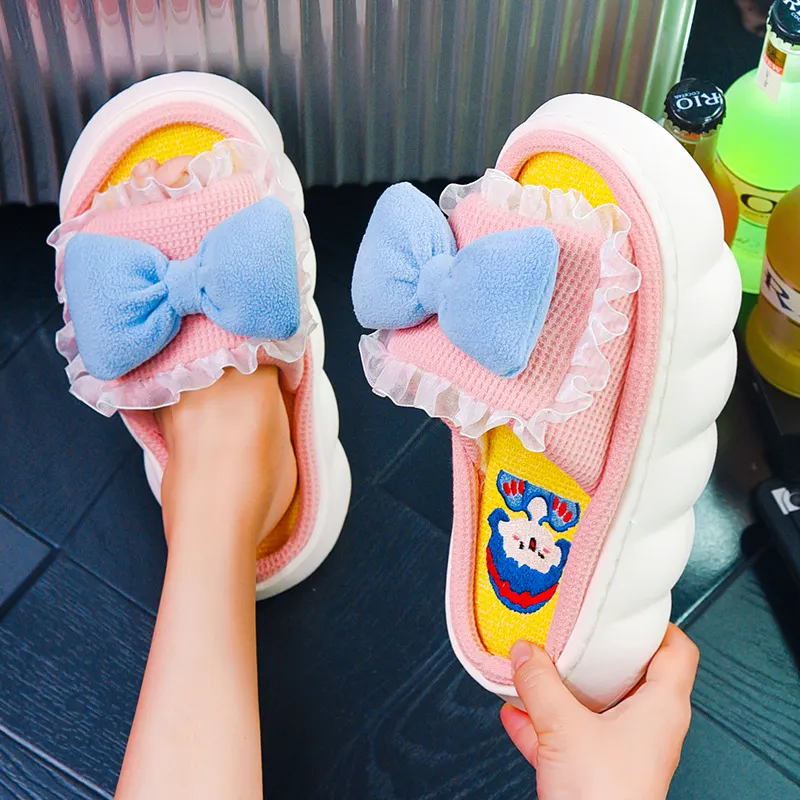 Yyvonne New Fashion Linen Slippers Women Cute Squirrel Home Platform Slippers Comfort Cartoon Couple Ladies Slides Free Shipping