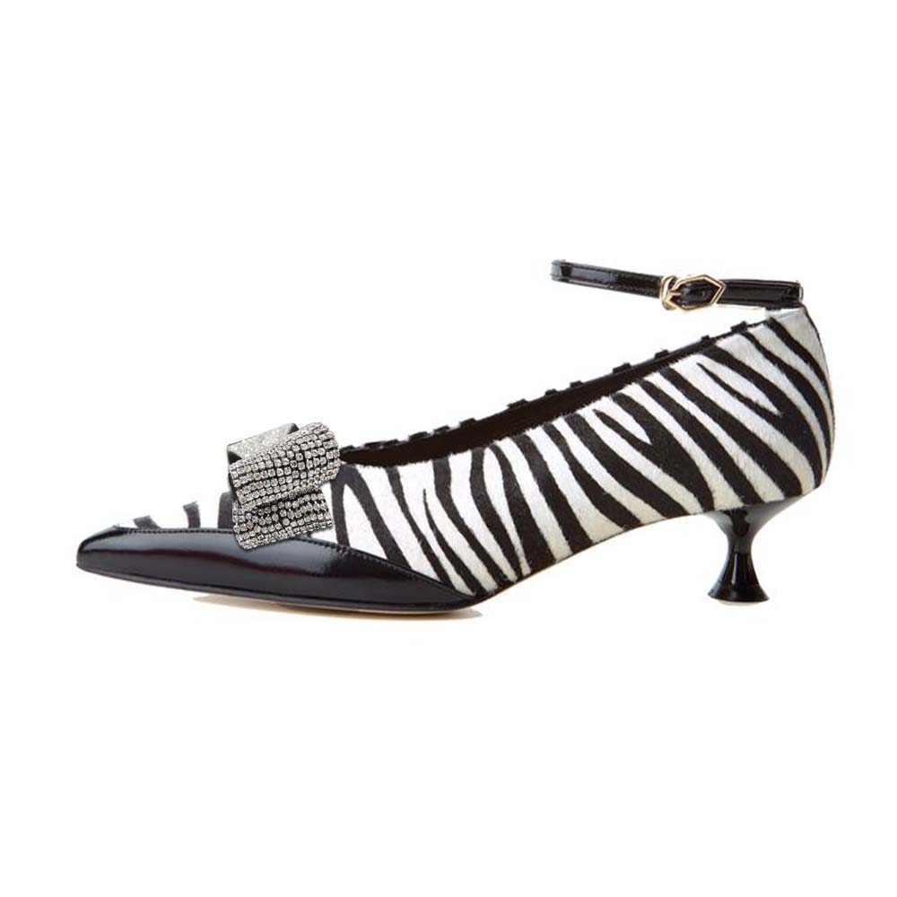 Black & White Patchwork Kitten Heel Bow Zebra Striped Pumps Shoes Nicepairs