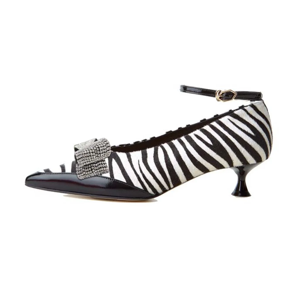 Black & White Zebra Striped Pointed Toe Suede Pumps With Bow Ankle Strap Kitten Heels Nicepairs