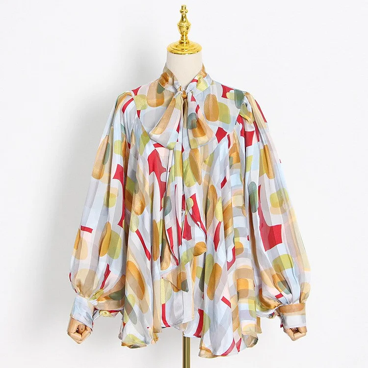 Temperament Stand Collar Lacing Colorful Geometric Patterns Printed Lantern Sleeve Shirt   