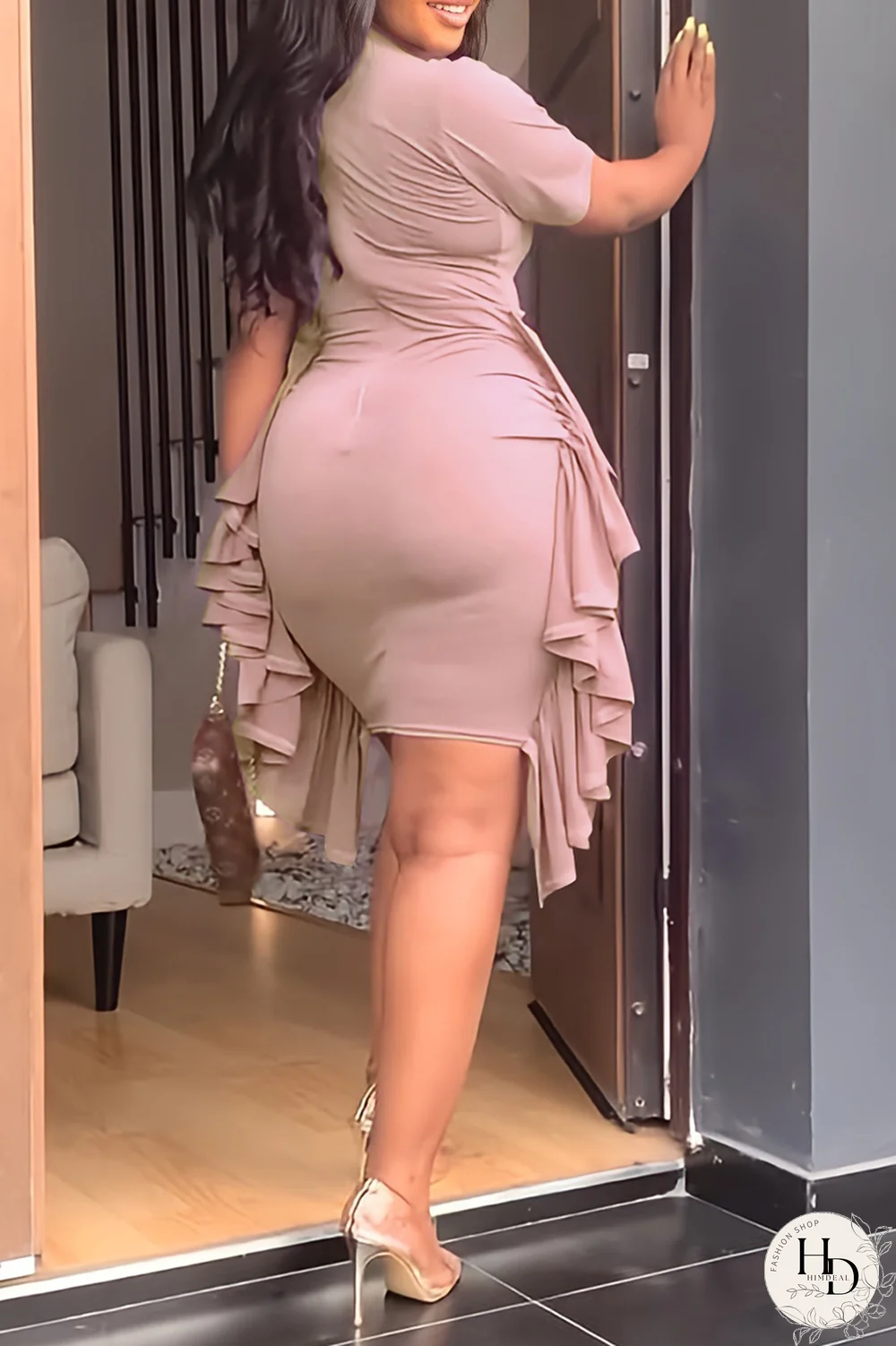 Sky Blue Fashion Solid Flounce Fold O Neck Pencil Skirt Dresses